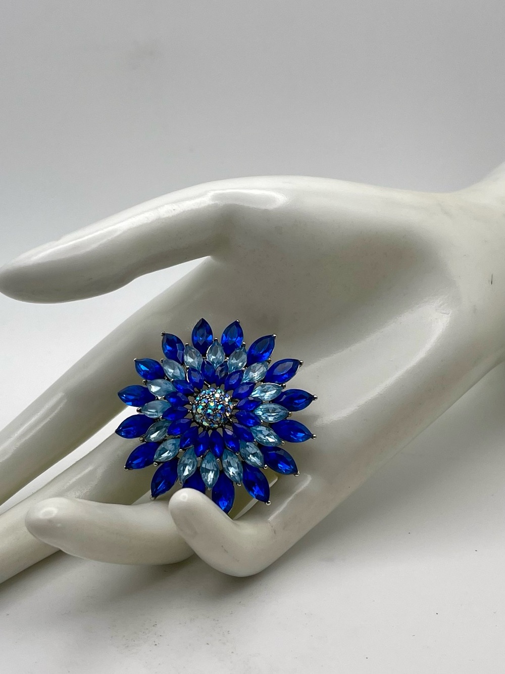 Vintage Shades of Blue Rhinestone Layered Flower Starburst Statement Brooch